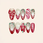 Nailsens Holiday Bow Peppermint Stripe press-on nail set