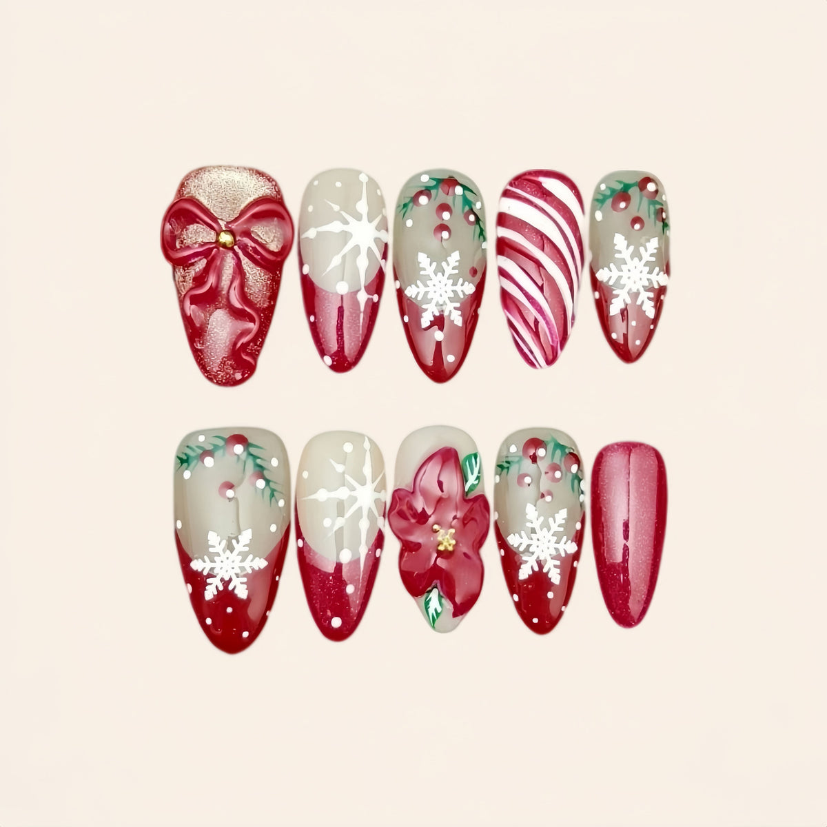 Nailsens Holiday Bow Peppermint Stripe press-on nail set